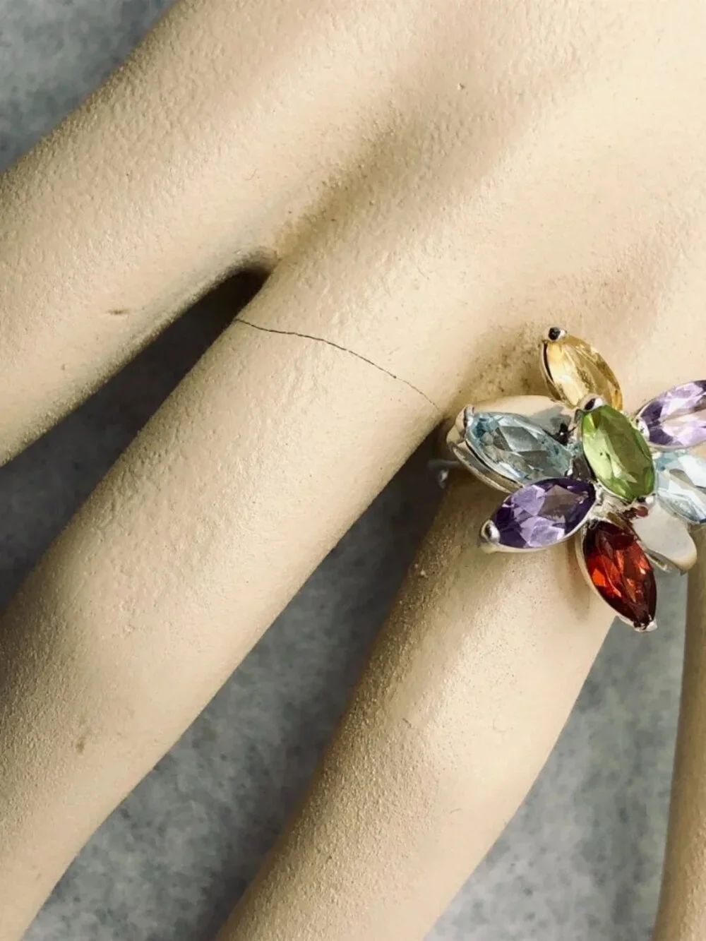 Colorful Sterling silver multicolor stone flower ring   6.5 - 7
